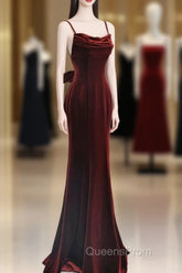 Pretty Mermaid Spaghetti Straps Wine Red Velvet Long Evening Dress Evening Prom Dress
