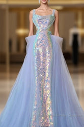Pretty Mermaid Square Neckline Sequin Long Evening Dress Semi Formal Prom Dresses