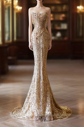 Pretty Mermaid Strapless Gold Sequin Beads Long Semi Formal Prom Dresses Formal Evening Dress