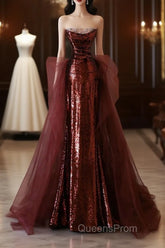 Pretty Mermaid Strapless Sequin Long Burgundy Ruffles Long Evening Prom Dress Formal Evening Dress