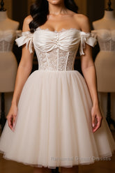 Pretty Off Shoulder Ivory Semi Formal Prom Dresses Short, Ivory Homecoming Dresses, Formal Graduation Evening Dresses