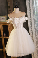 Pretty Off Shoulder Ivory Semi Formal Prom Dresses Short, Ivory Homecoming Dresses, Formal Graduation Evening Dresses