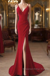 Pretty Red Mermaid Straps Long Evening Dress With Leg Slit, Red Semi Formal Prom Dress