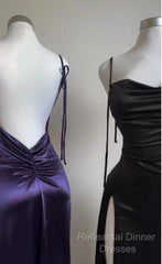 Pretty Sheath Spaghetti Straps Floor Length Ruffles Grape Slit Semi Formal Prom Dresses