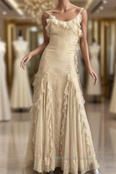 Pretty Sheath Spaghetti Straps Yellow Floor Length Evening Dress Chiffon Semi Formal Prom Dresses