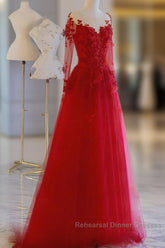 Pretty Tulle Long Semi Formal Prom Dress With Applique,Red Party Dress Formal Evening Dress