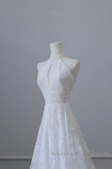 Princess A Line High Neckline White Lace Long Wedding Dresses Brides Dress