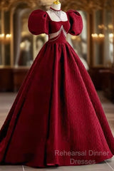 Princess Ball Gown Red Lace Long Semi Formal Prom Dress