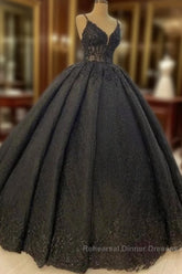 Princess Ball Gown Spaghetti Straps Beaded Black Wedding Dresses
