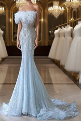 Princess Mermaid Strapless Neckline Long Sequin Light Sky Blue Long Wedding Dresses Brides Dress