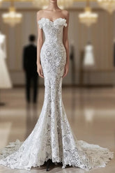 Princess Mermaid Strapless White Lace Long Wedding Dress Brides Dress