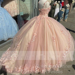Princess Pink Quinceanera Dresses Lace Appliques Sweet 15 Party Semi Formal Prom Ball Gown