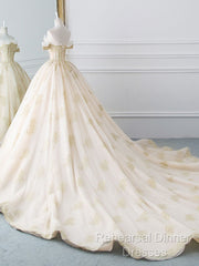 Princesse De Luxe Off The Shoulder Short Sleeve Beaded Sequins Appliques Luxury Princess Ball Gown Wedding Dress Semi Formal Prom Dress Evening Dress