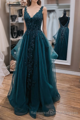 Teal Blue Tulle V-Neckline Long Party Dress With Lace, Teal Blue Long Semi Formal Prom Dress