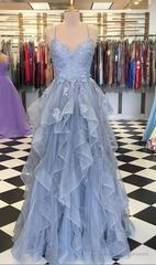 Blue Gray Tulle Ruffles Long Spaghetti Straps Evening Dress, Prom Dress