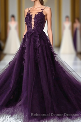 Dark Purple Tulle With Lace Applique Long Wedding Party Dress, Purple Semi Formal Prom Dress