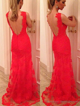 Custom Made V Neck Back Mermaid Backless Red Lace Prom Dresses, Red Lace Formal Dresses