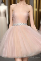 Strapless Blush Pink Tulle Short With Sash Sweet 16 Cute Semi Formal Prom Dresses