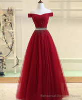 Burgundy Tulle Off Shoulder Long A Line Prom Dresses