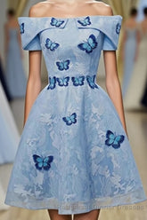 Sky Blue Off Shoulder Lace Short Lace With Butterfly Appliques A Line Off The Shoulder Dc51 Semi Formal Prom Dresses