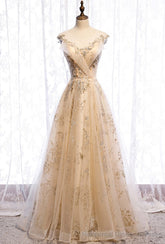 Champagne Tulle Sequins Long Prom Dress Evening Gown