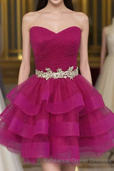 Hot Pink Organza Sweetheart Neckline Short Beadings Belt Tiered Rose Red Layers Semi Formal Prom Dresses