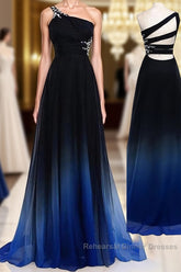 One Shoulder Navy Blue Royal Blue Ombre Gradient Color Chiffon Long Ombre For Sweet 16 Semi Formal Dress