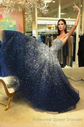 A Line Navy Blue Beading Tulle Semi Formal Prom Dresses