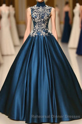 Blue Dreses Satins Lace Applique A Line Long Semi Formal Prom Dresses
