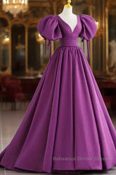 Puffy Sleeve Backless Satin Purple Backless Semi Formal Prom Dress