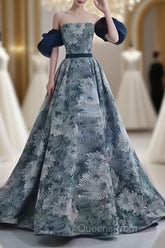 Puffy Sleeves Print Blue Quinceanera Evening Prom Dress