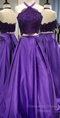 Purple 2 Piece Lace Semi Formal Prom Dress Halter Long Evening Gowns With Pockets