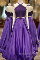 Purple 2 Piece Lace Semi Formal Prom Dress Halter Long Evening Gowns With Pockets