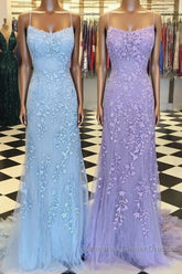 Purple/Blue Mermaid Backless Lace Semi Formal Prom Dresses, Purple/Blue Mermaid Backless Lace Formal Graduation Evening Dreses