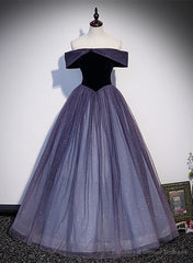 Purple Gradient Tulle Off Shoulder Long Party Dress, A-line Purple Evening Dress Prom Dress