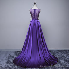 Purple Long Round Neckline Prom Dress, Satin Wedding Party Dress