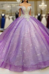 Purple Off The Shoulder Ball Gown , Bling Bling Semi Formal Prom Dress