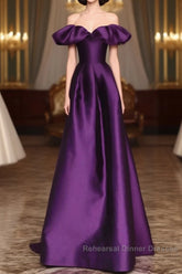 Purple Satin A-Line Off Shoulder Long Evening Dress, Purple Satin Semi Formal Prom Dress