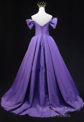 Purple Satin A-Line Off Shoulder Long Party Dress, Purple Evening Dress Semi Formal Prom Dress