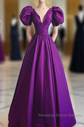Purple Satin A-Line Short Sleeves Long Formal Dress, Purple Evening Dress Semi Formal Prom Dress
