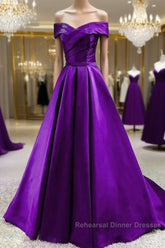 Purple Satin Sweetheart Long Party Dress Semi Formal Prom Dress, Off Shoulder Purple Evening Dress