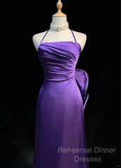 Purple Spaghetti Strap Satin Semi Formal Prom Dress Backless Evening Gown
