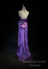 Purple Spaghetti Strap Satin Semi Formal Prom Dress Backless Evening Gown