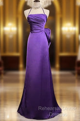 Purple Spaghetti Strap Satin Semi Formal Prom Dress Backless Evening Gown