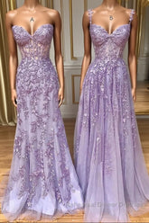 Purple sweetheart neck lace long Semi Formal Prom Dresses, lace formal graduation Dresses