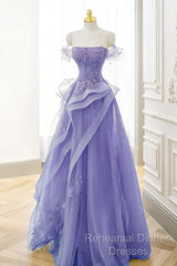 Purple Sweetheart Off Shoulder Tulle Long Party Dress, Purple Tulle Semi Formal Prom Dress