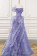 Purple Sweetheart Off Shoulder Tulle Long Party Dress, Purple Tulle Semi Formal Prom Dress