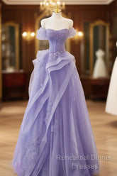 Purple Sweetheart Off Shoulder Tulle Long Party Dress, Purple Tulle Semi Formal Prom Dress