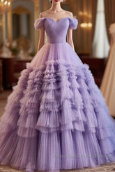 Purple Sweetheart Tulle Layers Sweet 16 Dress Long Semi Formal Prom Dress A Line Off Shoulder Solid Color