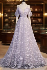 Purple Tulle A Line Long Semi Formal Prom Dress Formal Dress With Flowers December Wedding Guest Dress